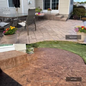 Before and after split image of a stamped concrete patio with the lower after half showing a faded gray patio recolored to warm copper tones, by NG Masonry serving Brockport NY