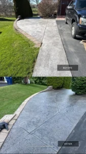 Before and after split image of a stamped concrete driveway with the after half showing the worn finish recolored to a deep charcoal slate tone, by NG Masonry serving Henrietta NY