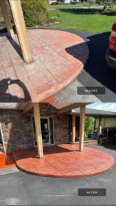 Before and after split image of a round stamped concrete porch with the after half showing the faded finish recolored to a vibrant terra cotta red, by NG Masonry serving Hilton NY