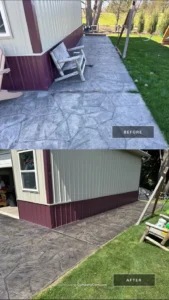 Before and after split image of a stamped concrete walkway with the after half showing the faded finish recolored to a deep charcoal slate tone, by NG Masonry serving Penfield NY