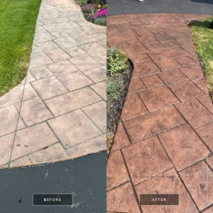 Side by side before and after of a stamped concrete walkway with the after side showing a vibrant terra cotta red recolor, by NG Masonry serving Pittsford NY
