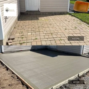 Before and after split image showing a weathered brick paver patio replaced with a freshly poured broom finished concrete slab next to a tan sided home, by NG Masonry serving Webster NY