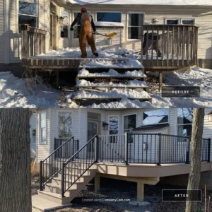 Closeup of carpenter hands marking a layout with a speed square and pencil on cedar deck boards next to a cordless drill driver, by NG Masonry serving Webster NY
