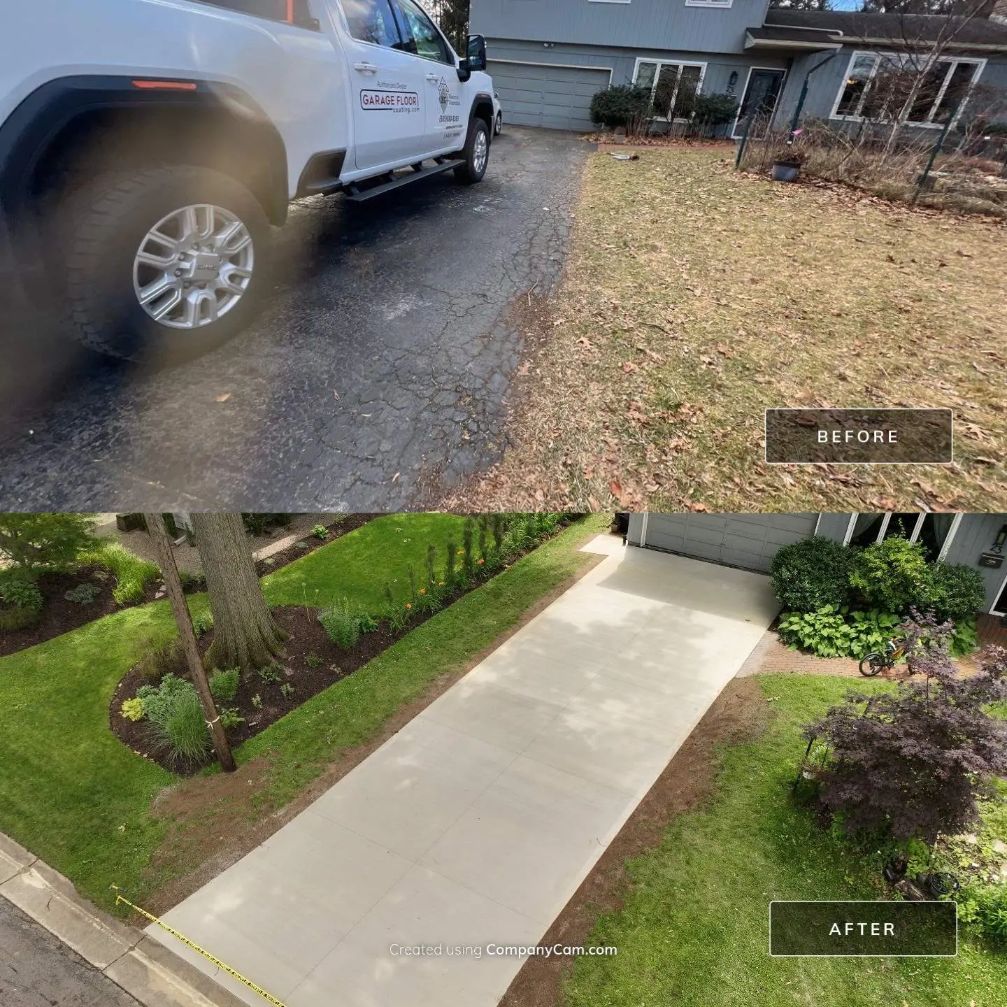 concrete-driveway-Irondequoit-NY Before and after of a driveway replacement in Irondequoit, NY by NG Masonry and Construction: a cracked, deteriorated asphalt driveway replaced with a smooth new poured concrete driveway with a brick border and fresh landscaping.