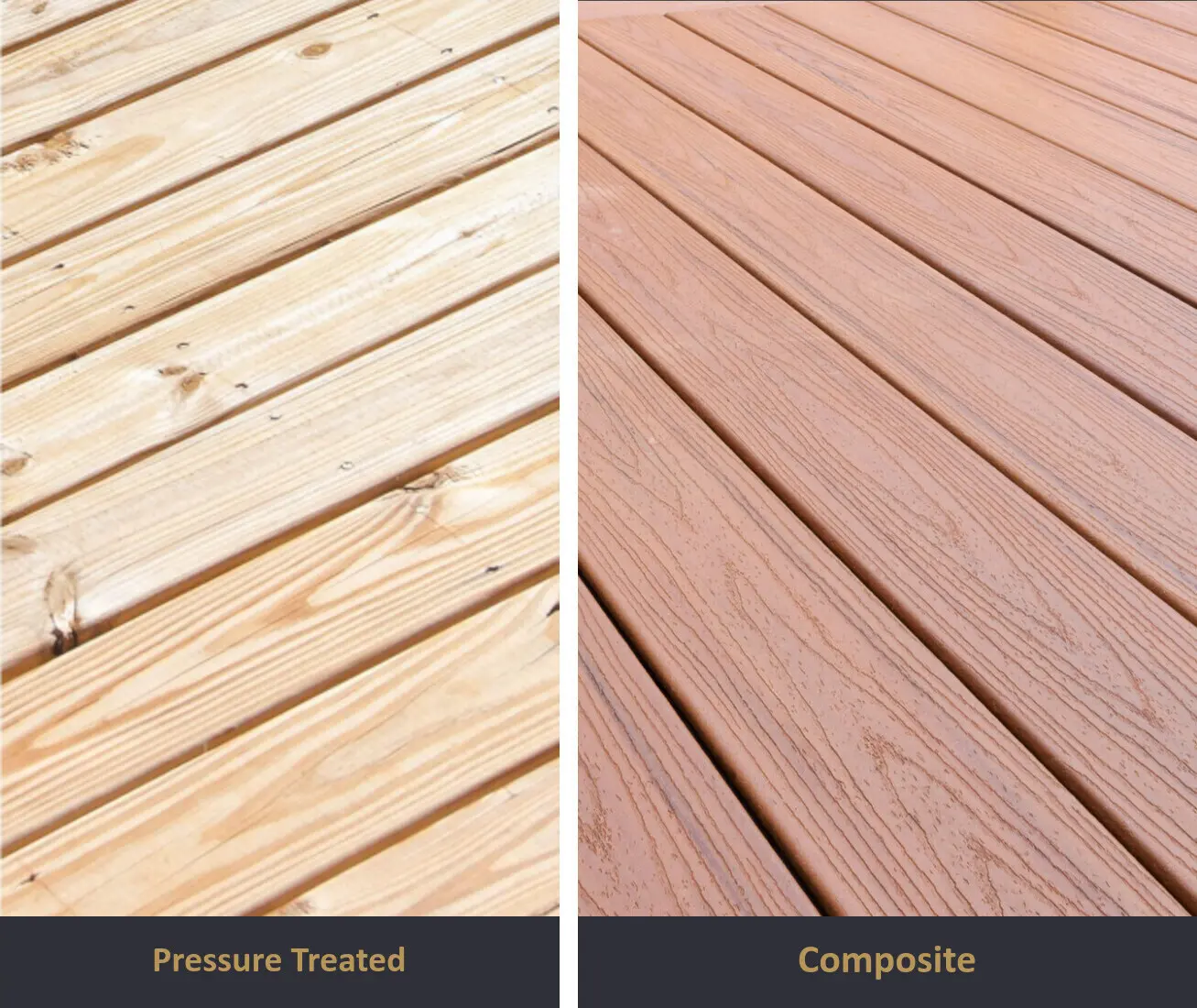 Side-by-side comparison of pressure-treated and composite deck board finishes showing color and grain differences