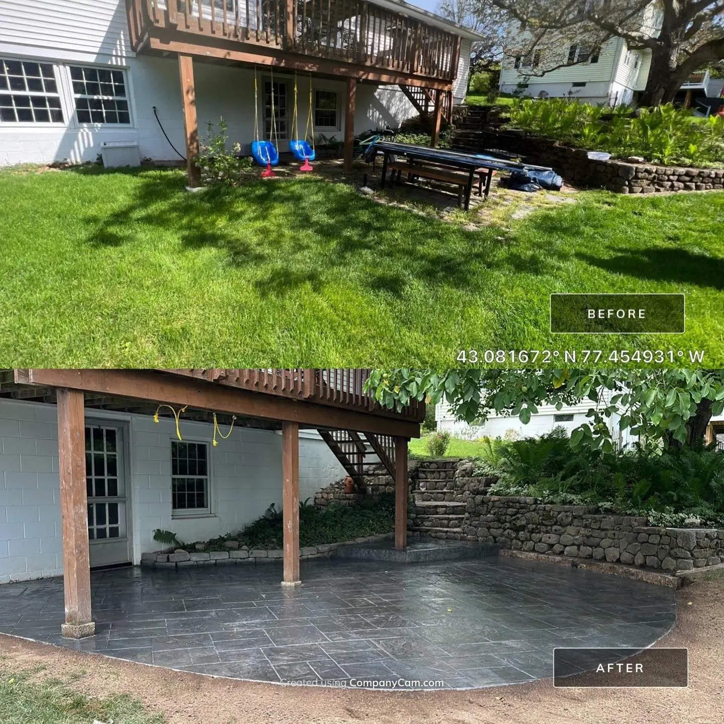 Before and after of a stamped concrete patio installed under a deck in Fairport, NY by NG Masonry and Construction: an unused sloped lawn area transformed into a dark slate-pattern stamped concrete patio with a curved edge.