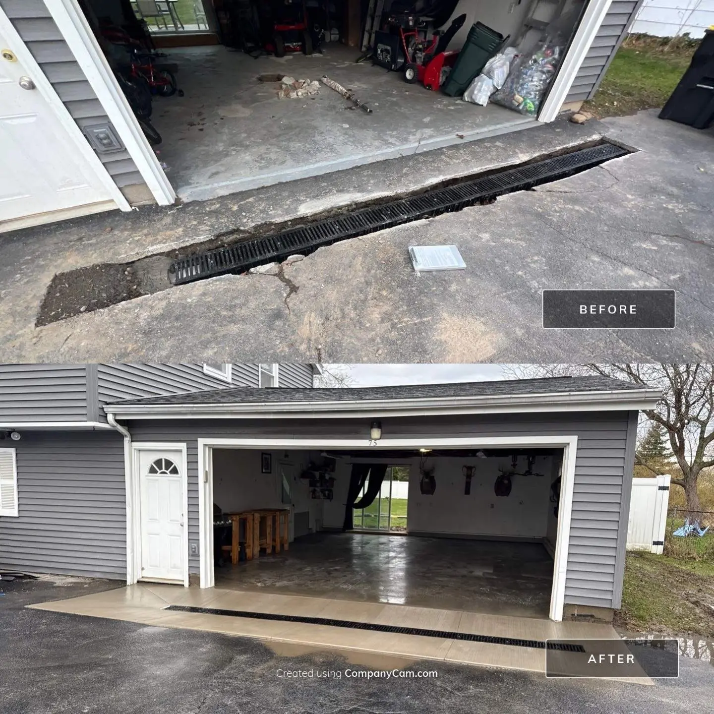 Before and after of the Greece NY garage, from a cracked apron with a collapsed drain channel to a new concrete floor, apron, and trench drain