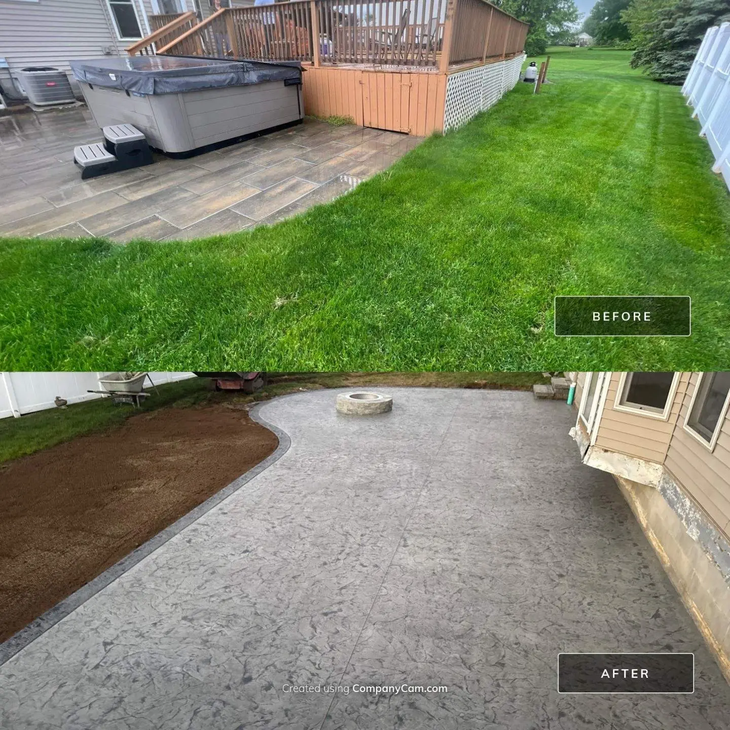 Before and after in Ontario NY, from a hot tub on an aging paver patio under a wood deck to a seamless stamped concrete patio with a fire pit