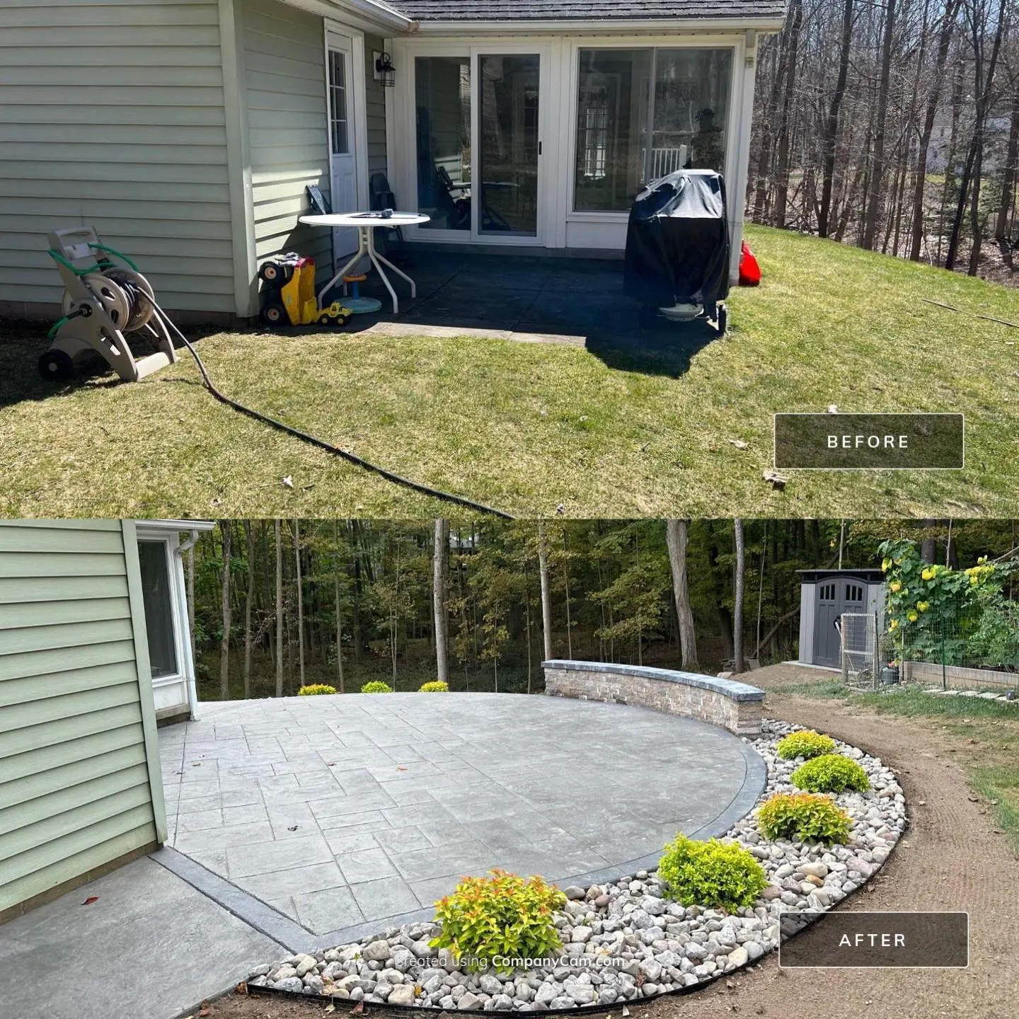 Before and after of the Pittsford NY backyard, from a small existing slab to a curved stamped concrete patio with a block wall and river rock border
