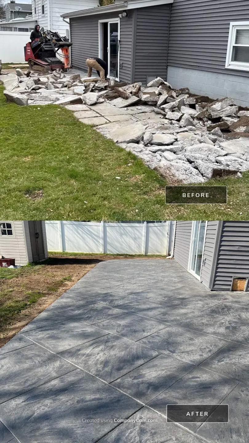 Before and after of the Greece NY back patio, from broken slab removal to a finished dark stamped concrete patio